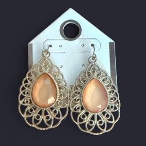 Brand New Gold and Peach Teardrop Filigree Earrings